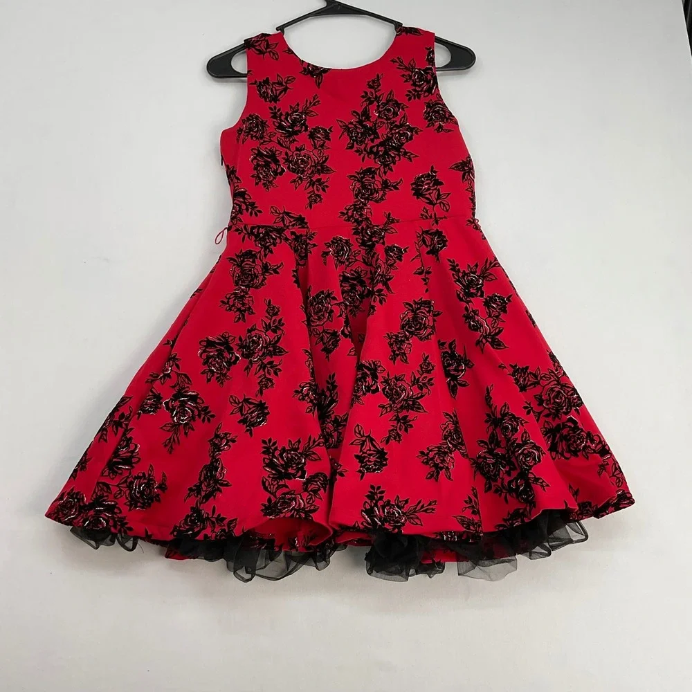 Knit Works Girls Red Black Floral Glitter Dress & Moto Jacket Set‎ Size 14
